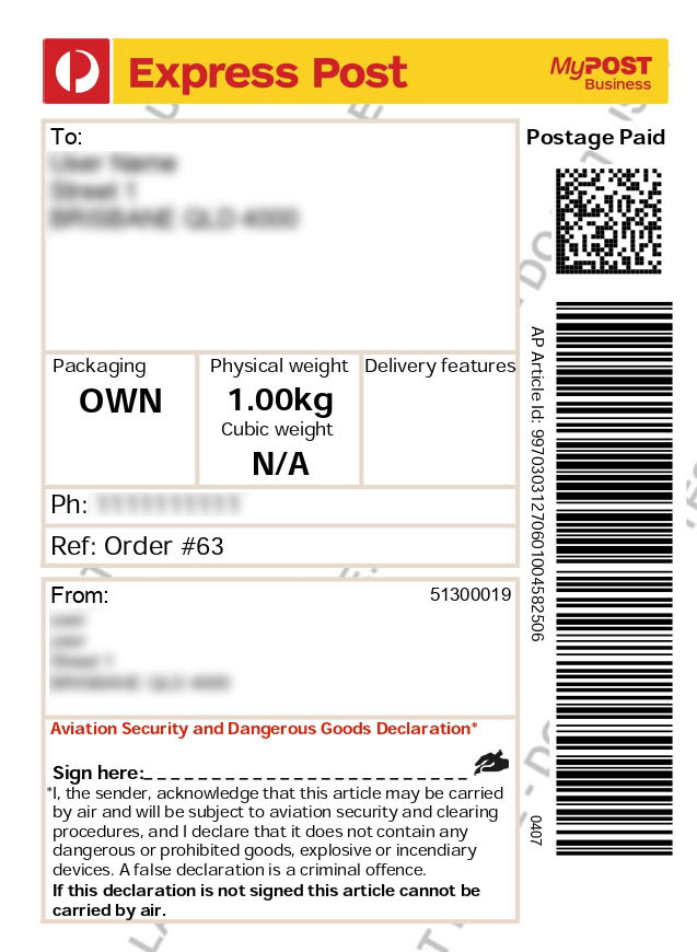 sample domestic MyPost shipping label 