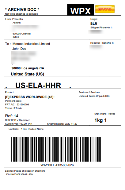 sample of a DHL India shipping label that was automatically generated.