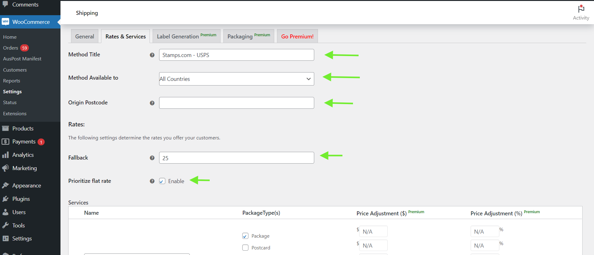 Rates & Services settings in the plugin dashboard
