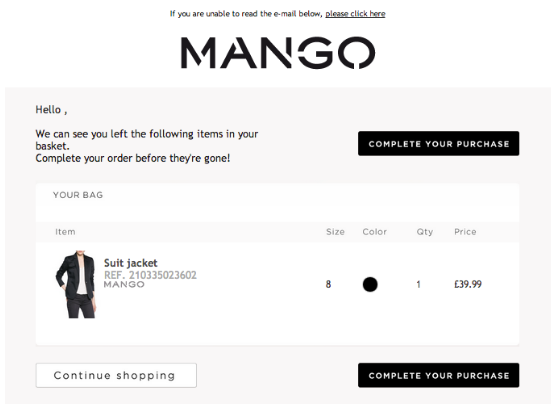Mango abandoned cart email