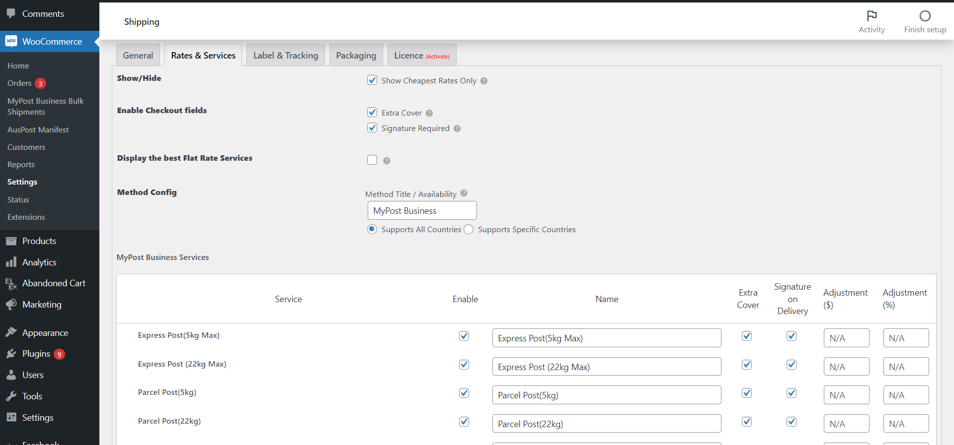 Rates and Services Settings in the plugin dashboard