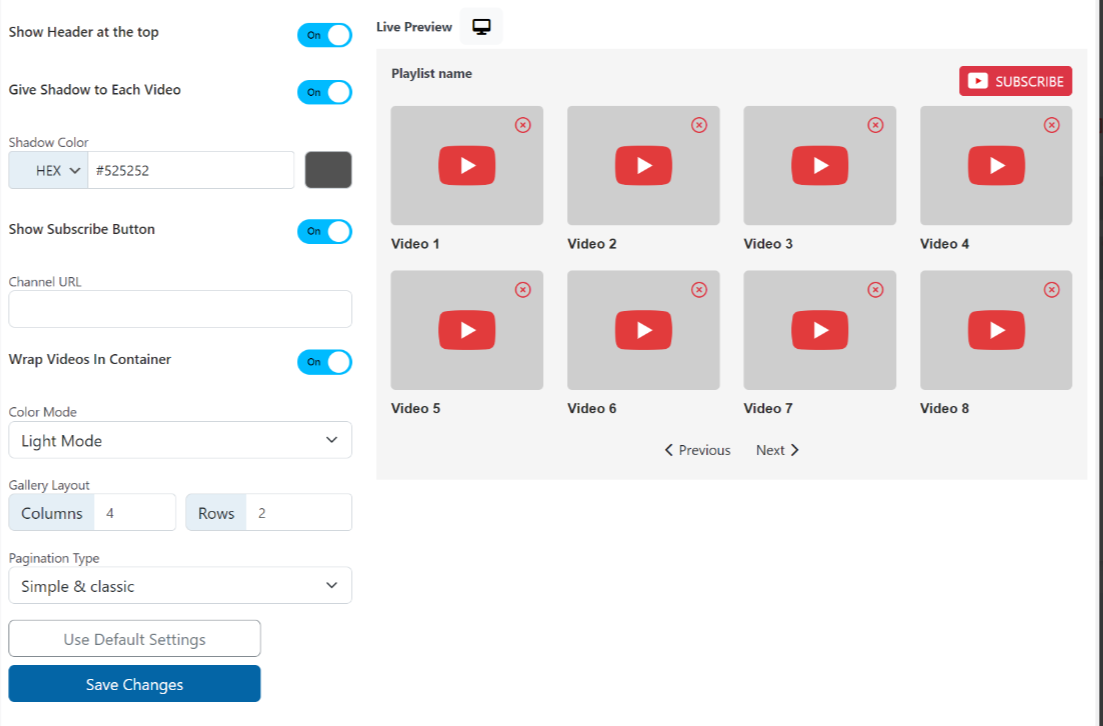 ELEX WordPress Embed YouTube Video Gallery plugin settings to customize the look and feel of your gallery.