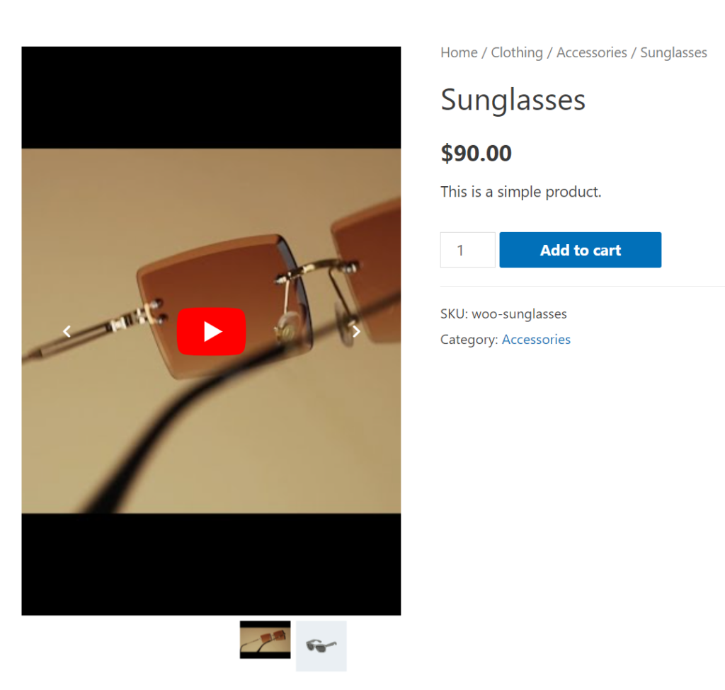 Frontend view of the YouTube video inserted into the product image gallery