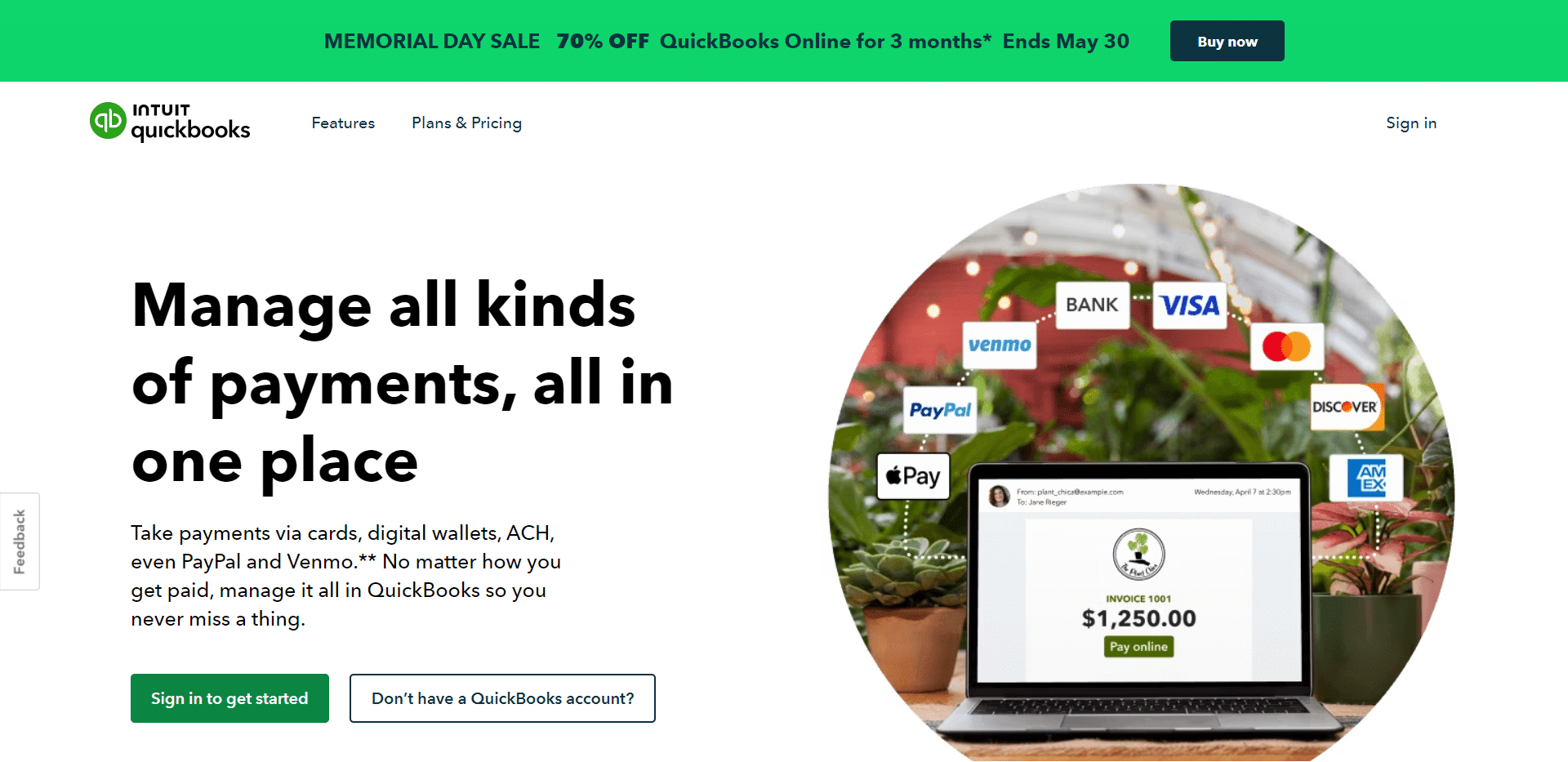 Landing page for QuickBooks Payments