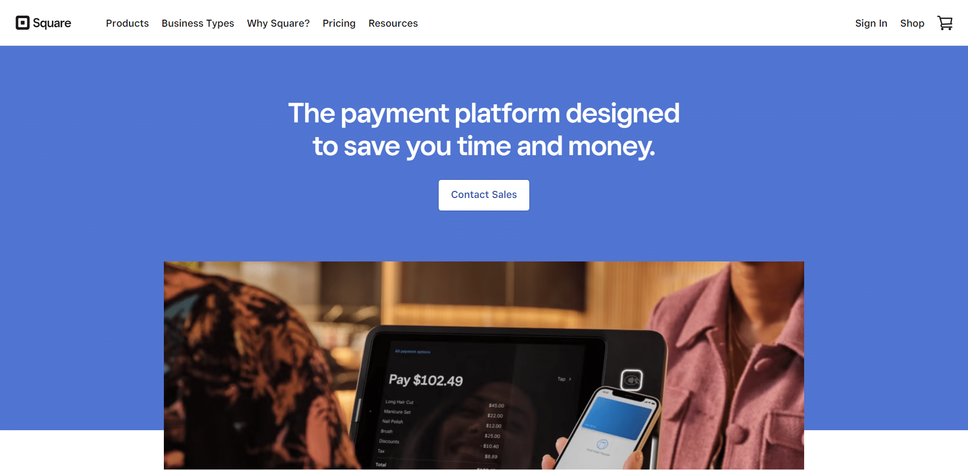 Landing page for Square