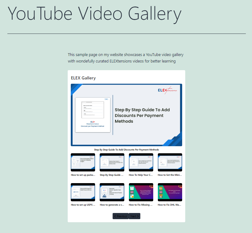 Frontend view of the inserted YouTube video gallery