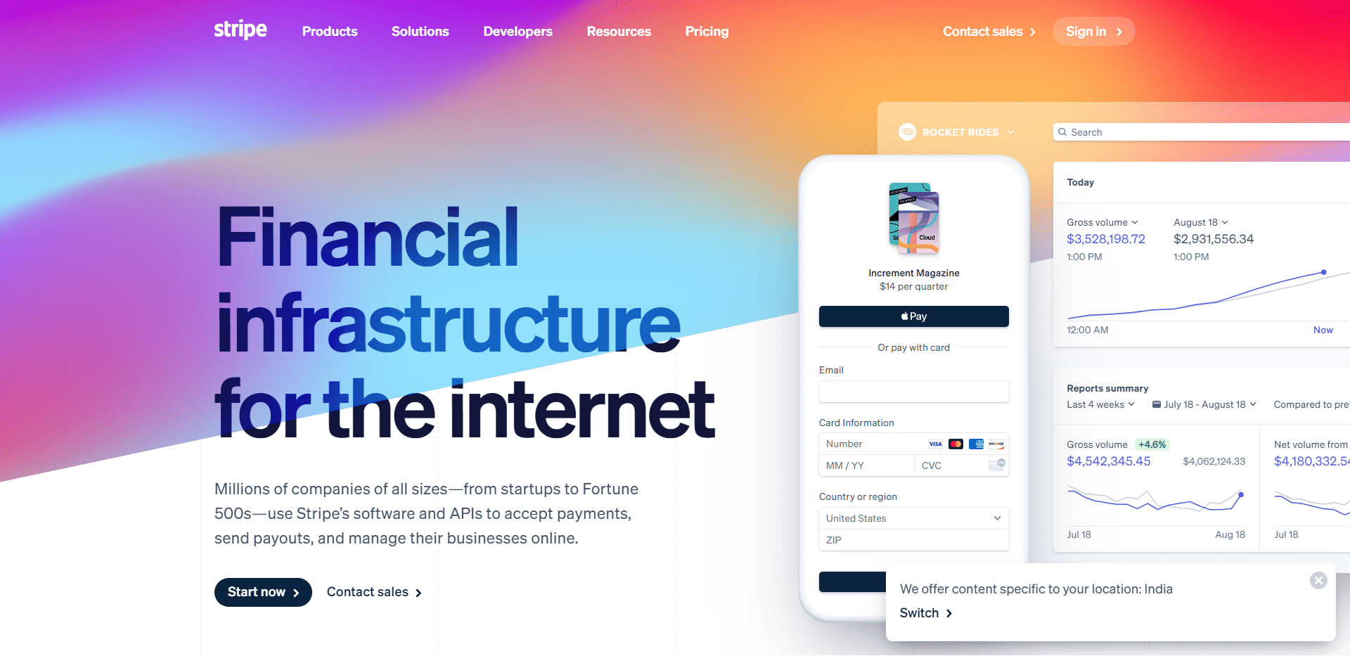Landing page for Stripe