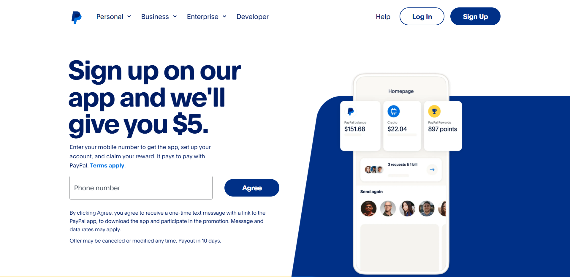 Landing page for PayPal