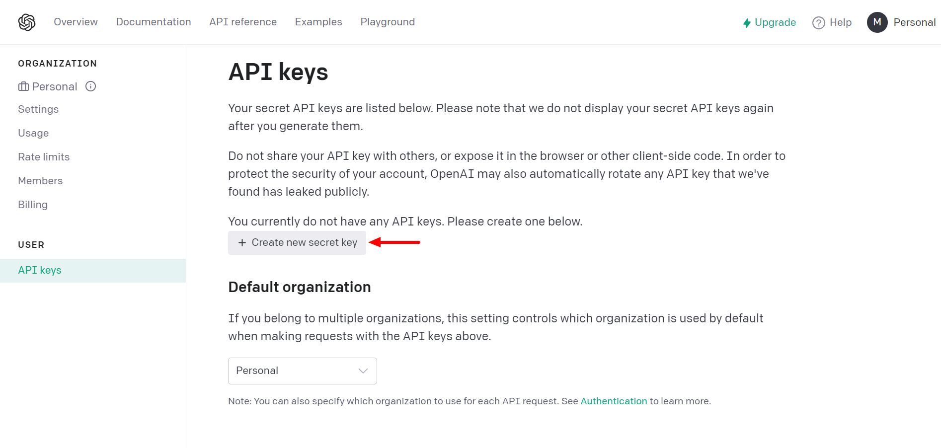 Create new secret key | OpenAI API 