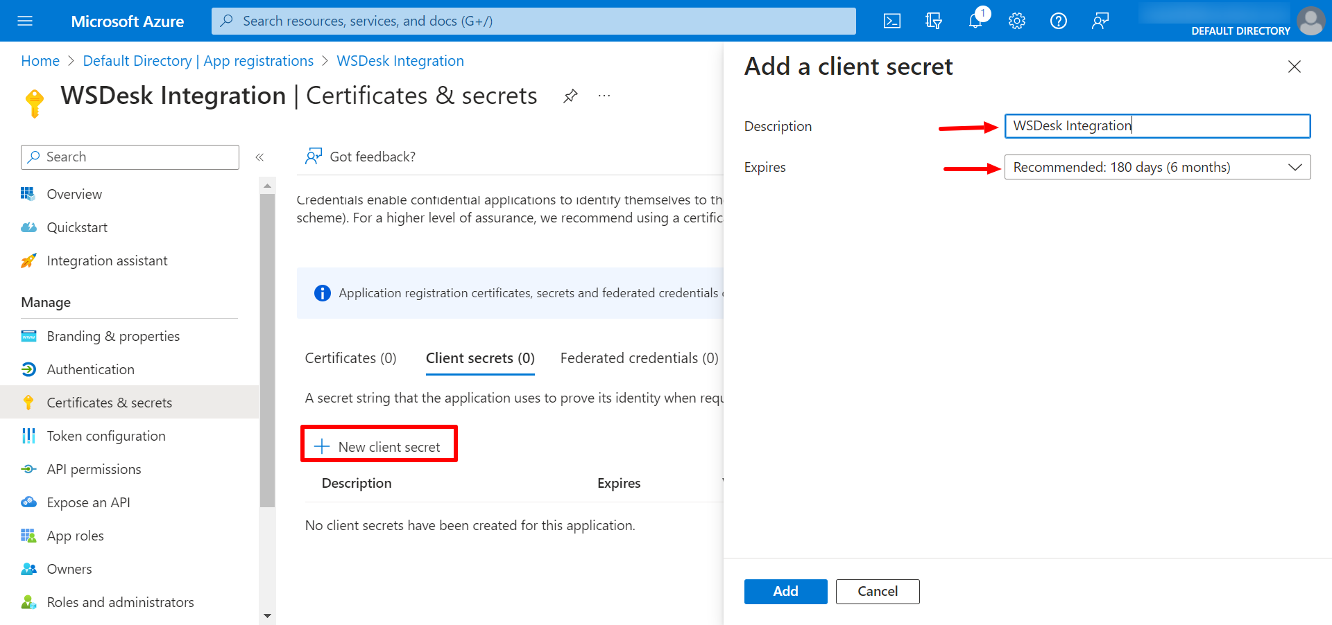 Add a client secret | Outlook OAuth Credentials