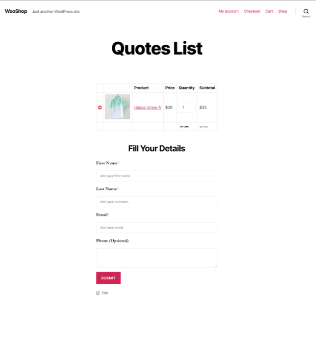 The "Request a Quote" page created by the plugin