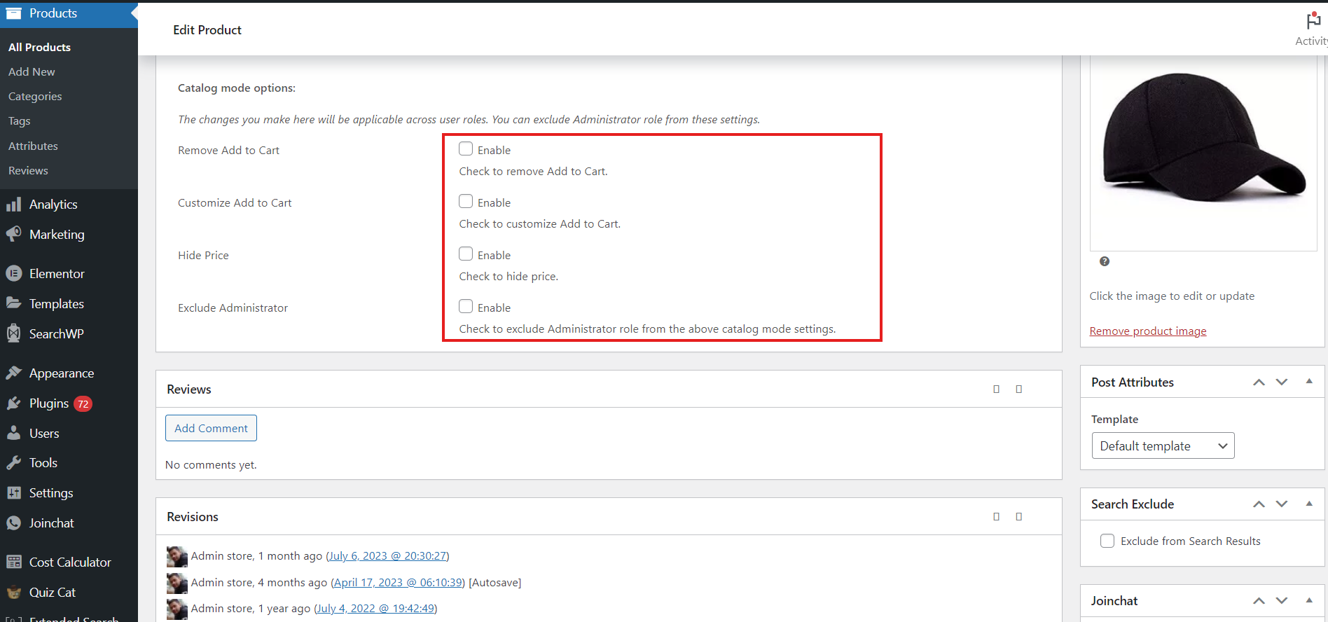 Customize the product specific Catalog Mode settings