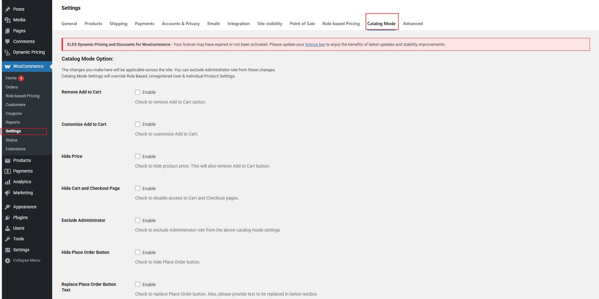 woocommerce settings catalog mode
